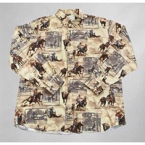 Bit & Bridle Western Cowboy Horse Print Button Up Shirt Men’s XL 90s 1546